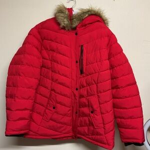 Red Puffer Jacket with Faux Fur Hood